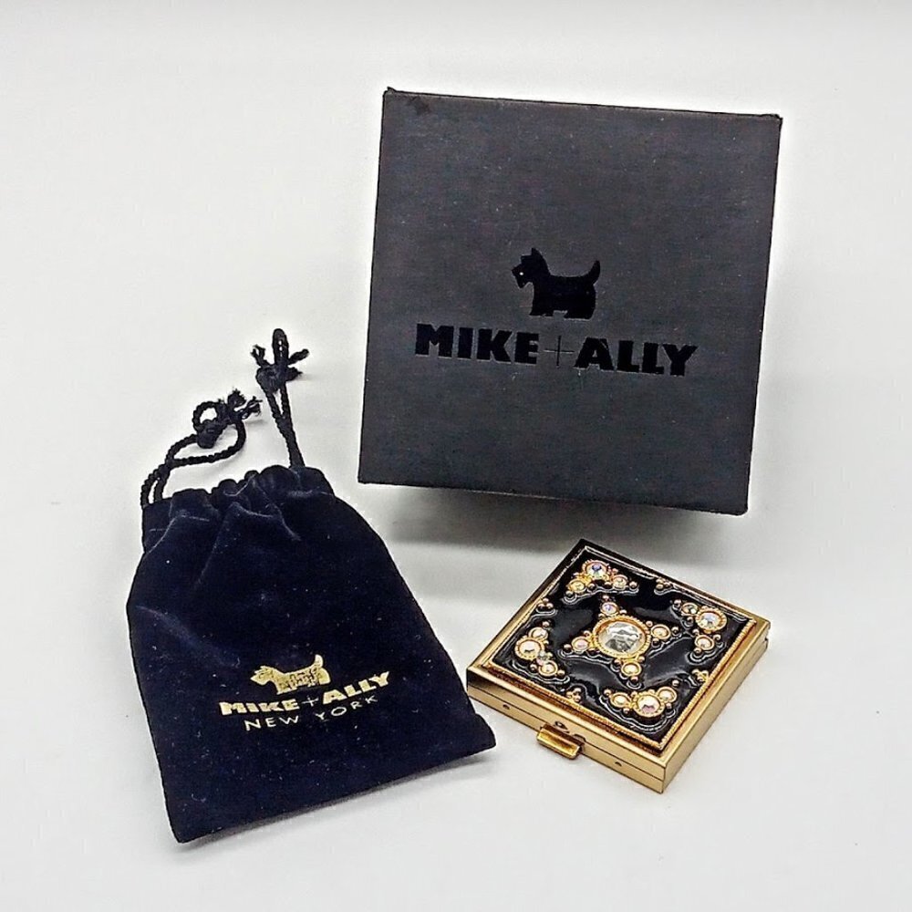 Mike + Ally Black Enamel Crystal Gold Powder Compact NIB